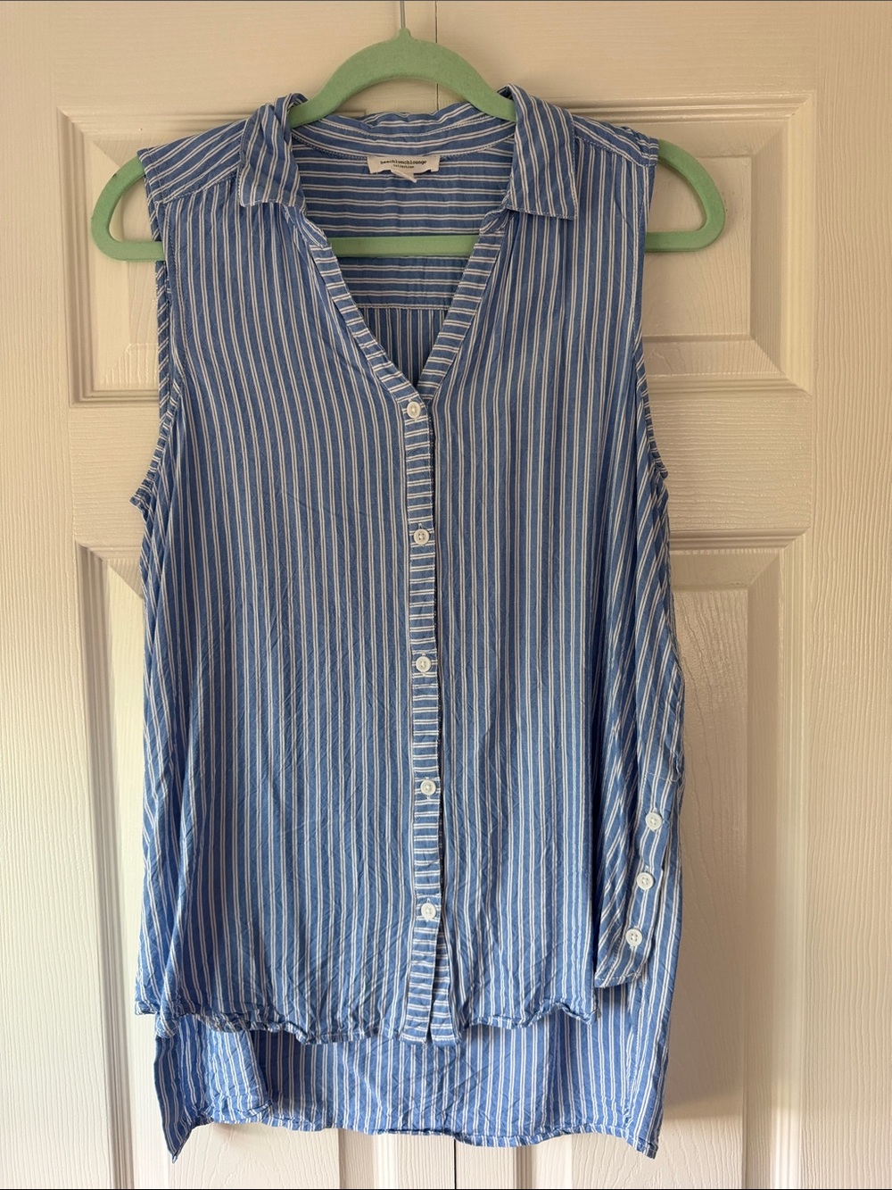 beachlunchlounge Blue and White Striped Sleeveless Button Tank
